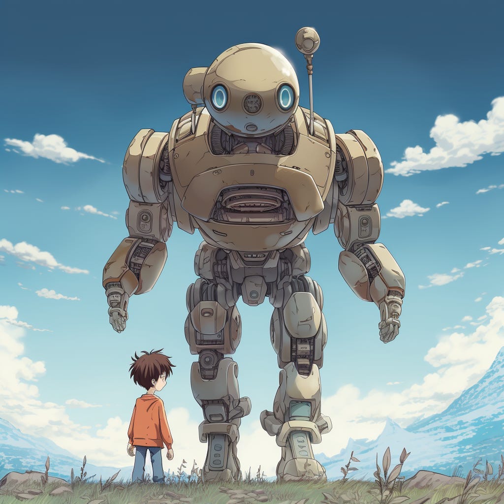 A gaint robot piloted by a child, in anime style