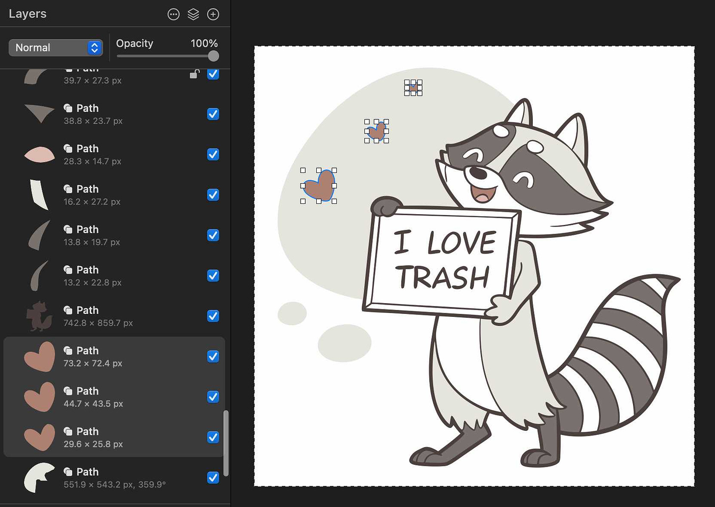 Pixelmator UI showing the SVG with a sidebar showing each of the individual shapes - I have selected three hearts and they now show resize handles and the paths are highlighted in the sidebar
