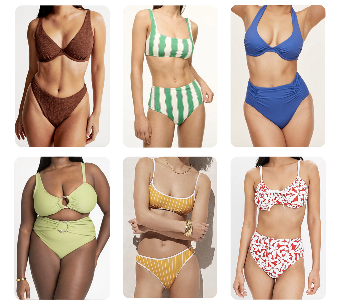 Images of full-coverage bikinis from various brands.