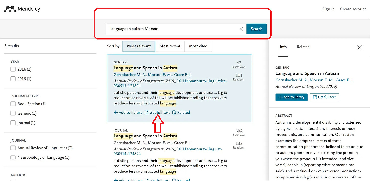A screenshot of a mendeley.com search for "language in autism Morson" showing the most relevant results. The top 2 results are the desired paper. I have added a red box surrounding the search bar and a red arrow pointing to the words "Get full text."