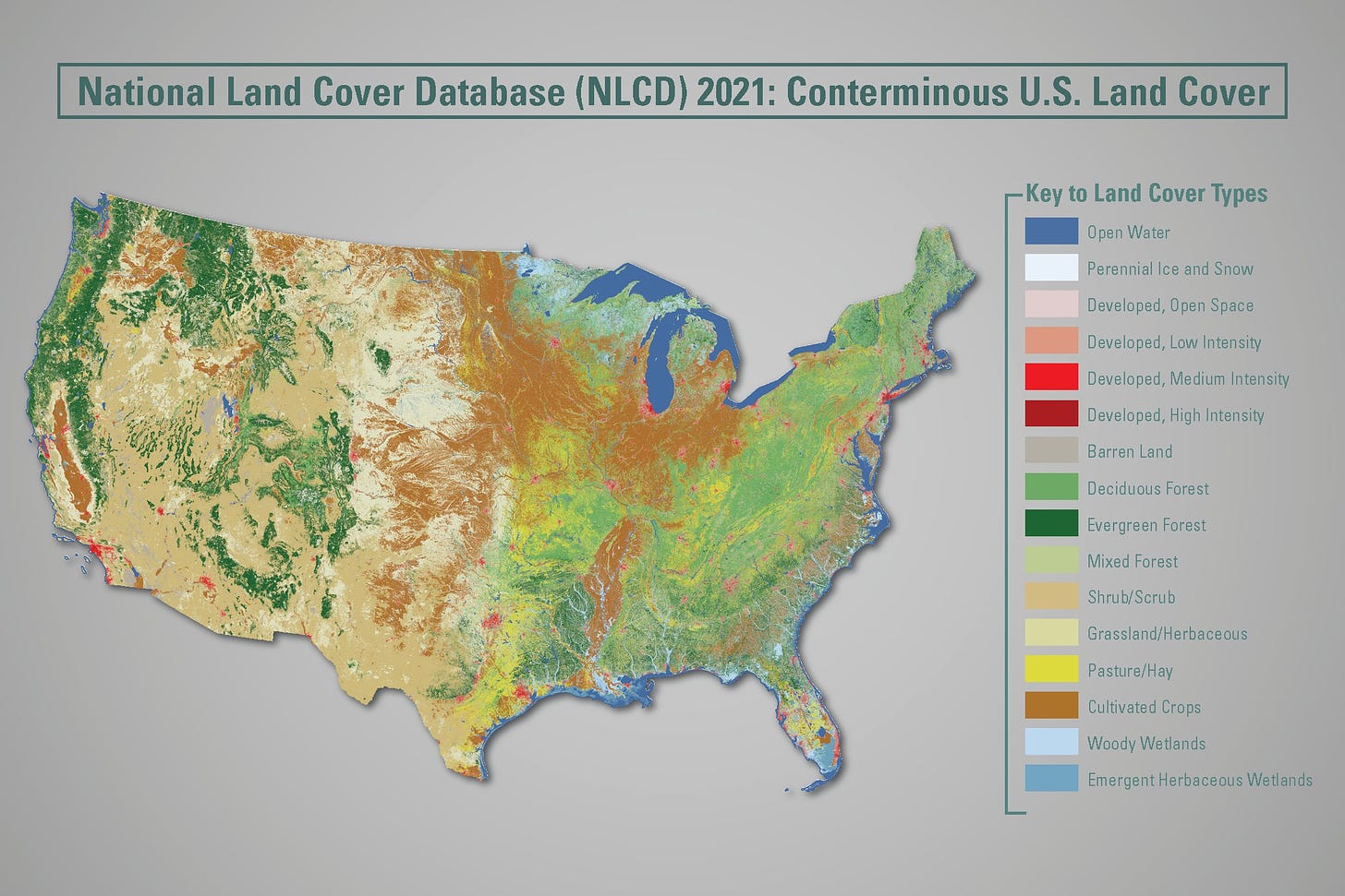 Map of the conterminous U.S. showing the latest land cover from NLCD 2021
