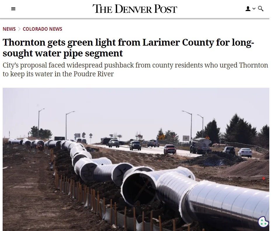 Denver Post headline reading 'Thornton gets green light from Larimer County for long-sought water pipe segment'