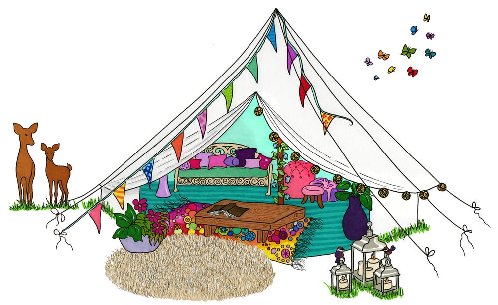 Hand drawn illustration of a glamping tent, tipi style with colourful bunting and butterfles, lanterns and a rug with flowerse outside. Inside is a table on a ranbow coloured and patterned rug with comfy seating and colourful cushions inside. Outside there is a deer and fawn.