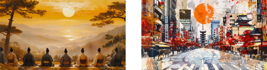 Monks meditating at sunrise over a misty valley and an urban street scene with a large red sun, featuring traditional and modern architectural elements.