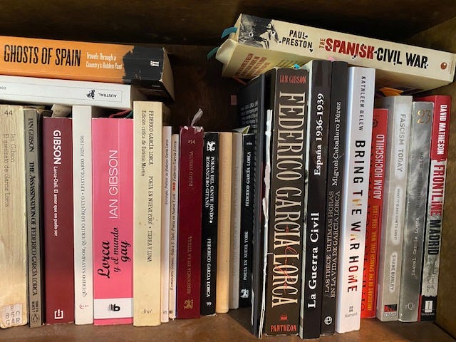 Books on a bookshelf, about Lorca and the Spanish Civil war, a mix of spanish and english