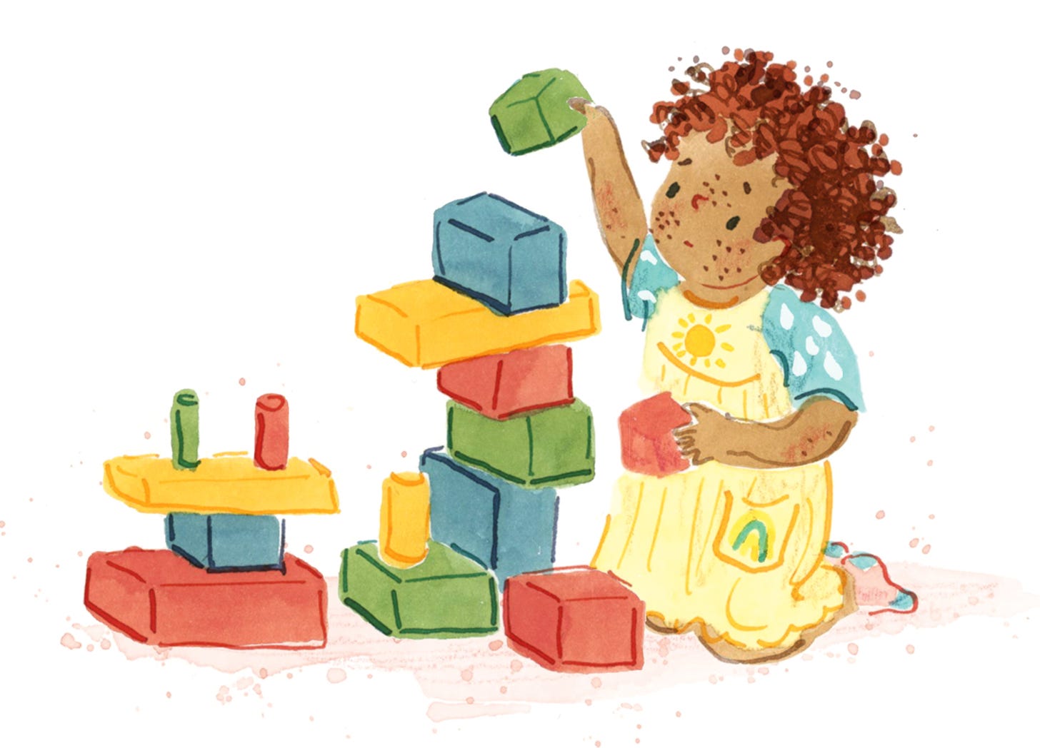 Toddler building a tower from colourful blocks. Illustration by Nanette Regan from It's Your Time to Shine by Dianne White