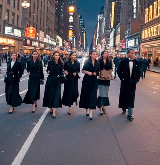 Image of seven people in formal attire walking on a street. The image has been manipulated to spell the word 'obey' with their clothing.