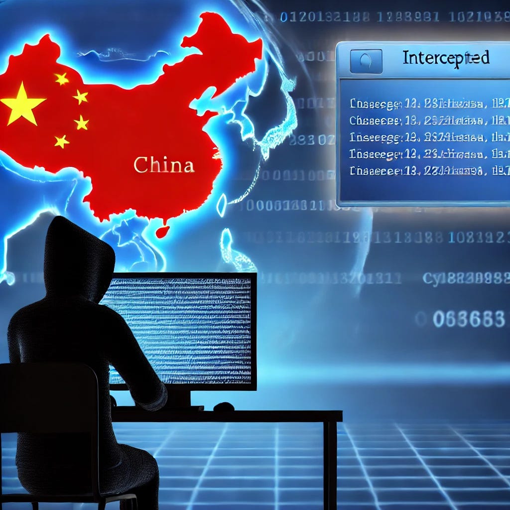 A high-quality conceptual image of a hacker silhouette sitting in front of a monitor displaying intercepted text messages. The background has a digital map highlighting China, creating a strong connection to cyber-espionage.