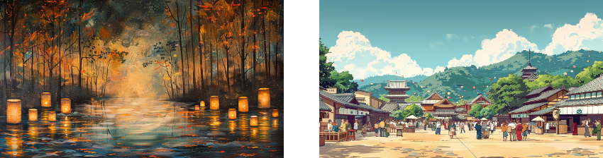 A tranquil forest scene with floating lanterns on a reflective pond, and a bustling traditional market street in a sunny village.