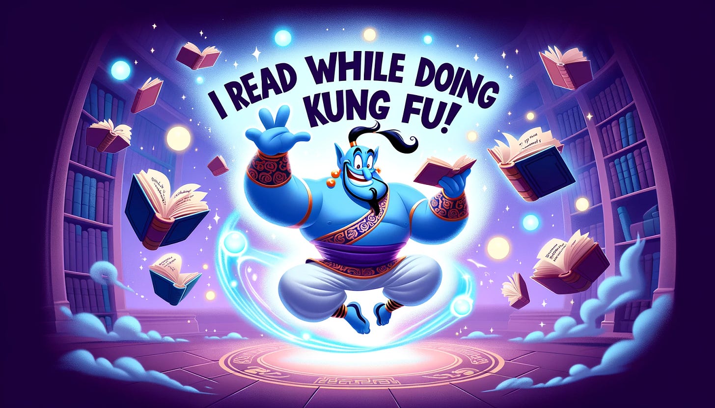 A wide cartoon image featuring the original powerful yet friendly genie, now in a dynamic kung fu pose while reading a book. The genie is enthusiastically saying, "I read while doing kung fu!" The background is the same magical, ethereal library setting with floating books and glowing orbs of knowledge. The genie's expression is one of focus and joy, combining physical activity with intellectual pursuit in a whimsical and colorful scene.