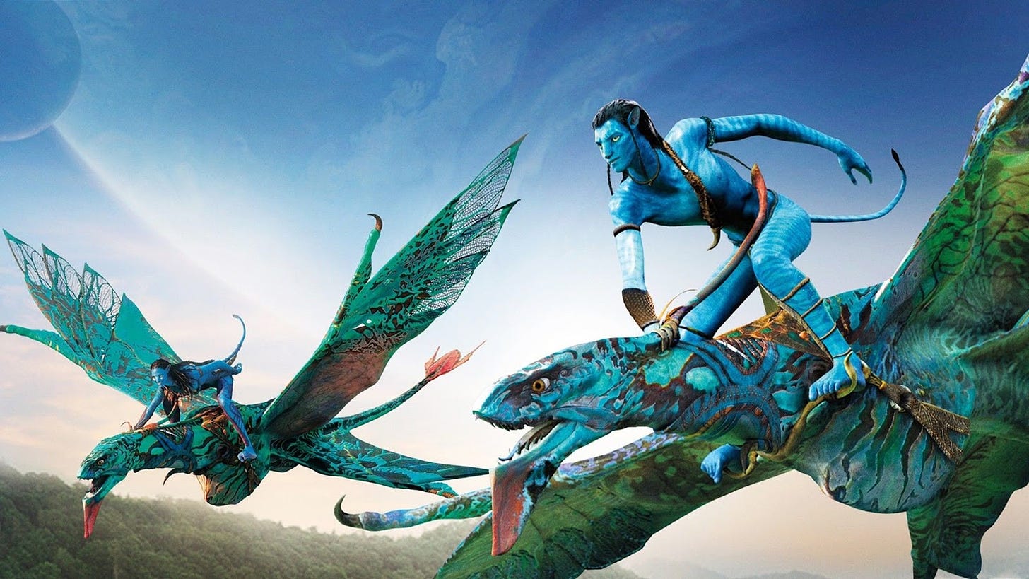 ALT TEXT: Shot from Avatar the movie. It shows 2 blue people who are on flying green monster birds in the BlueSky.