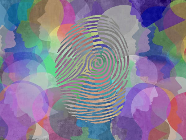 Watercolor style painting of multi-colored heads overlapping covered in the center by a fingerprint