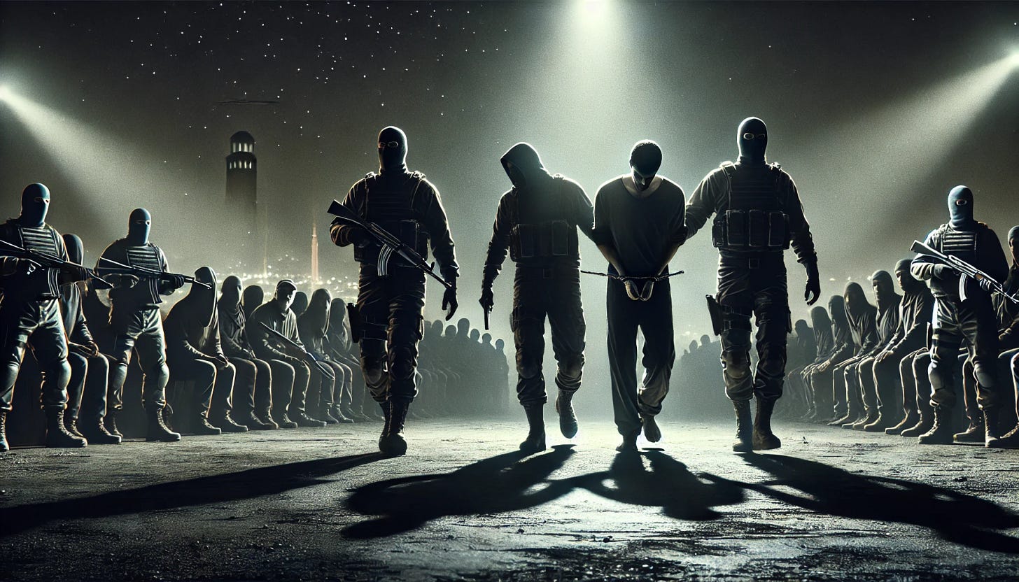 A dark and ominous digital painting showing three hostages being paraded in front of a large crowd at night by masked figures. The scene is tense, with the hostages, frail and visibly exhausted, walking in a line under a single harsh spotlight. The masked figures, dressed in dark clothing and carrying weapons, lead them in an intimidating manner. The background is minimal and devoid of specific landmarks, with just faint silhouettes of distant structures and a starry night sky. The crowd, partially obscured in shadows, watches silently, adding to the unsettling atmosphere. The composition emphasizes fear and control, with muted colors, deep shadows, and stark contrasts. Created using: cinematic lighting, hyperrealistic shading, textured realism, high dynamic range, atmospheric perspective, and rich color depth. HD quality, natural look --ar 16:9