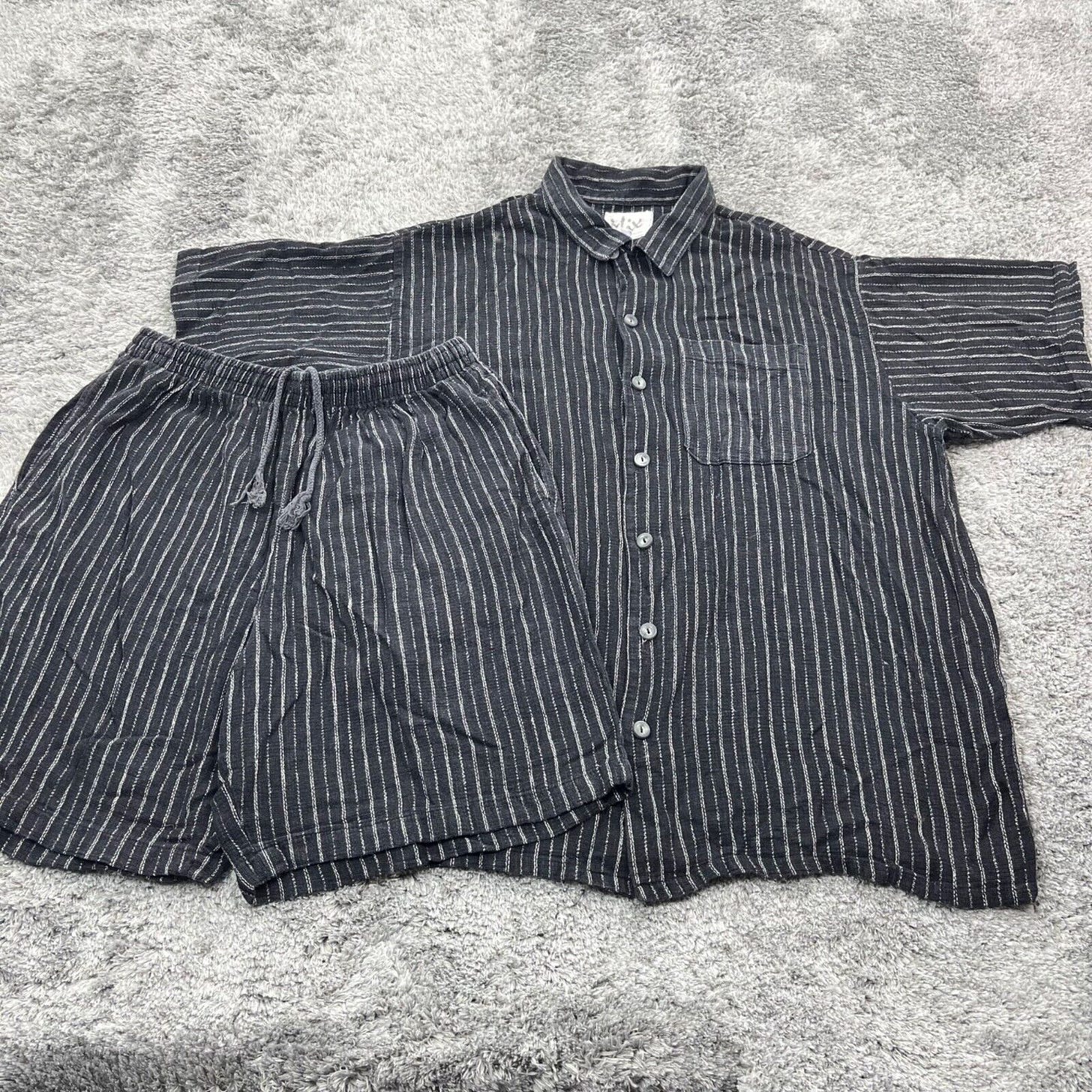 Vintage Mix Studio Shirt Shorts Set Mens 2XL Black Pinstriped Linen Rayon USA - Picture 1 of 15