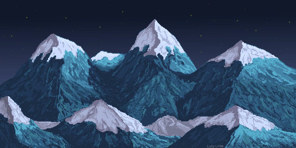 Pixel art background of the northern mountains at night