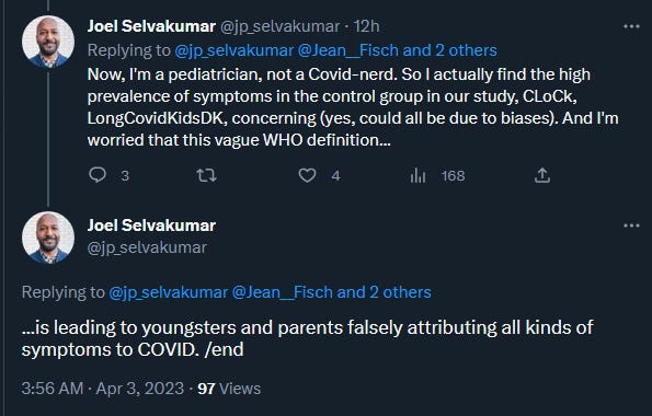 study author Joel via twitter blames the WHO's definition of Long COVID for youngsters and parents falsely attributing symptoms to COVID