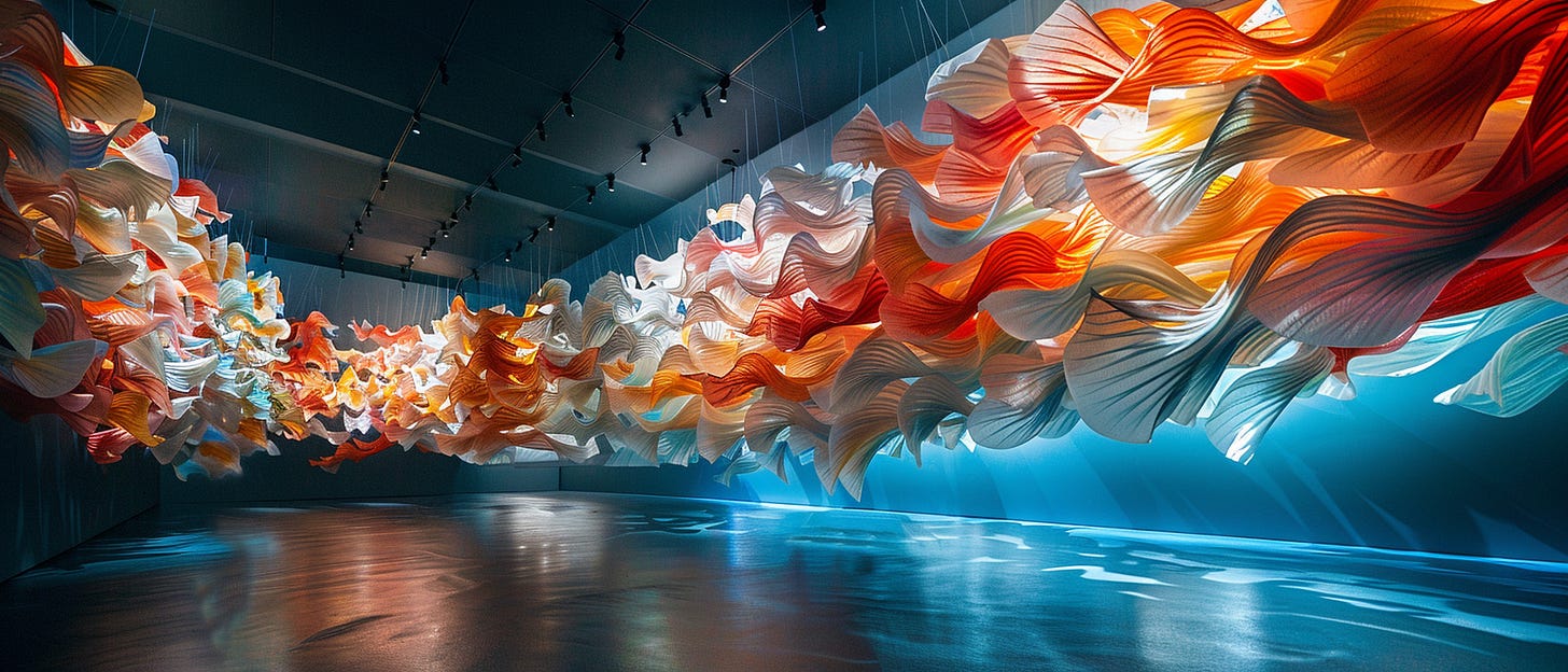 A large-scale art installation features an undulating array of fabric-like forms in shades of orange, white, and blue. Suspended from the ceiling, these structures resemble ocean waves or swirling petals, dynamically lit to highlight their intricate textures and soft folds. The rippling shapes cast playful shadows on the polished floor, creating an immersive environment that invites viewers to marvel at the interplay of light, shadow, and movement.