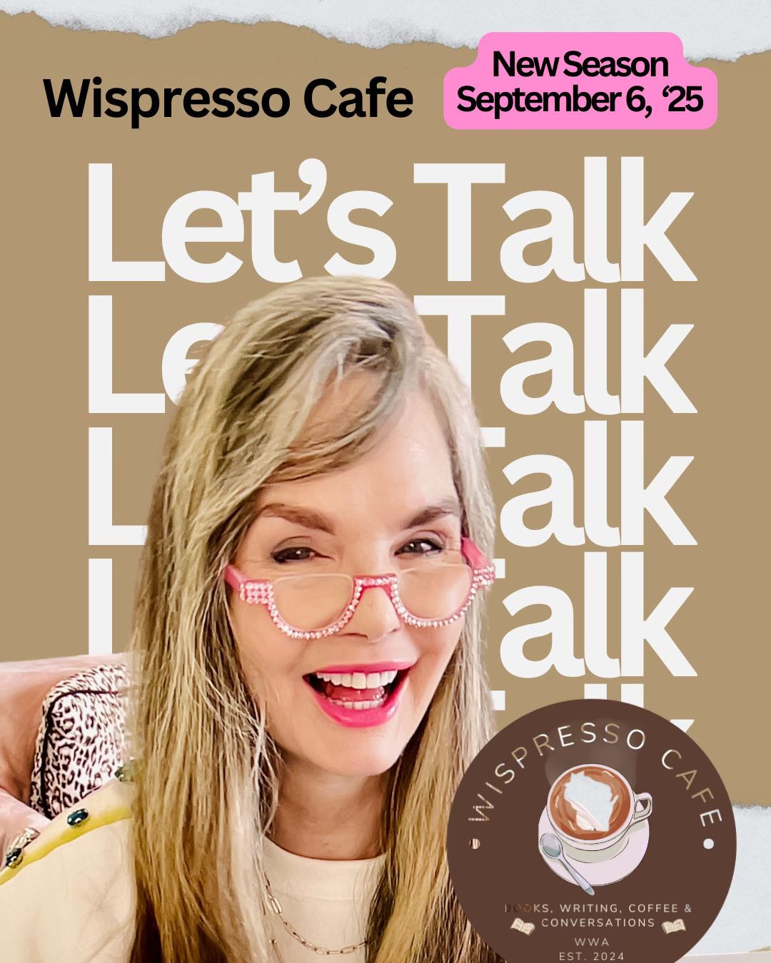 TK Sheffield and the words TALK, TALK, TALK, the Wispresso Cafe logo TK Sheffield and the words TALK, TALK, TALK, the Wispresso Cafe logo
