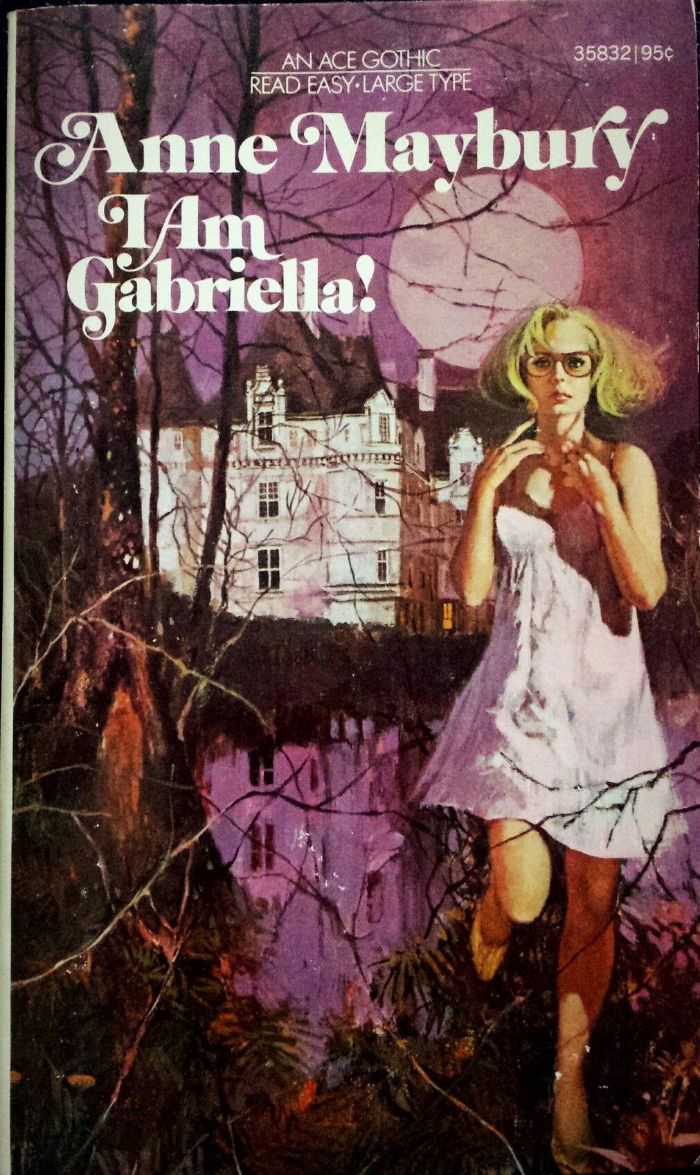 I am Gabriella by Anne Maybury. 1960s gothic aesthetic - a blonde white woman with a bored expression, glasses, and a small flowy peignoir flees from an imposing white House.