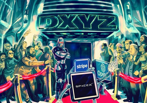 In an illustration, short, square robots labeled SpaceX, Stripe and OpenAI walk on a red carpet while waving to fans on either side under a marquee that says, “DXYZ.”