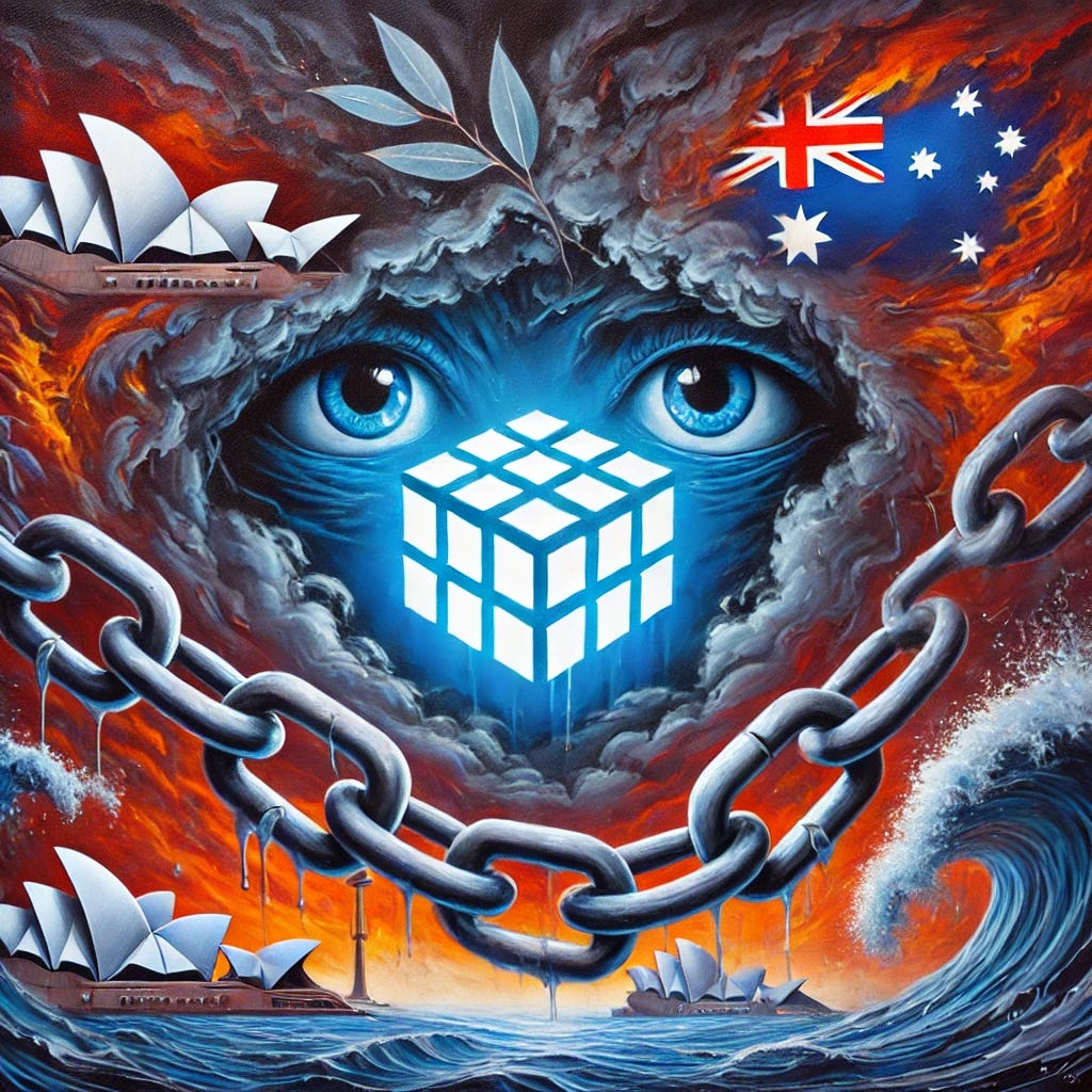 An abstract oil painting symbolizing digital censorship and government regulation with Australian iconography. The central figure is a vibrant digital platform represented as a glowing cube, wrapped in dark, shadowy chains symbolizing restrictions. The background incorporates iconic Australian elements, such as a faint silhouette of the Sydney Opera House and eucalyptus leaves swirling amidst the chaos. Rich blues, grays, and reds dominate the palette, representing the tension and debate around free speech and regulation. The painting includes watchful eyes blending into the stormy atmosphere, symbolizing surveillance, with expressive, bold brushstrokes.