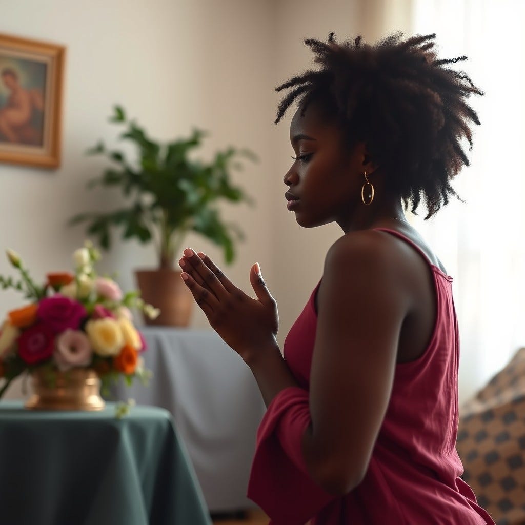 Provide me a realistic image of a young Light-skinned African American woman with  tears flowing kneeling at altar in her home