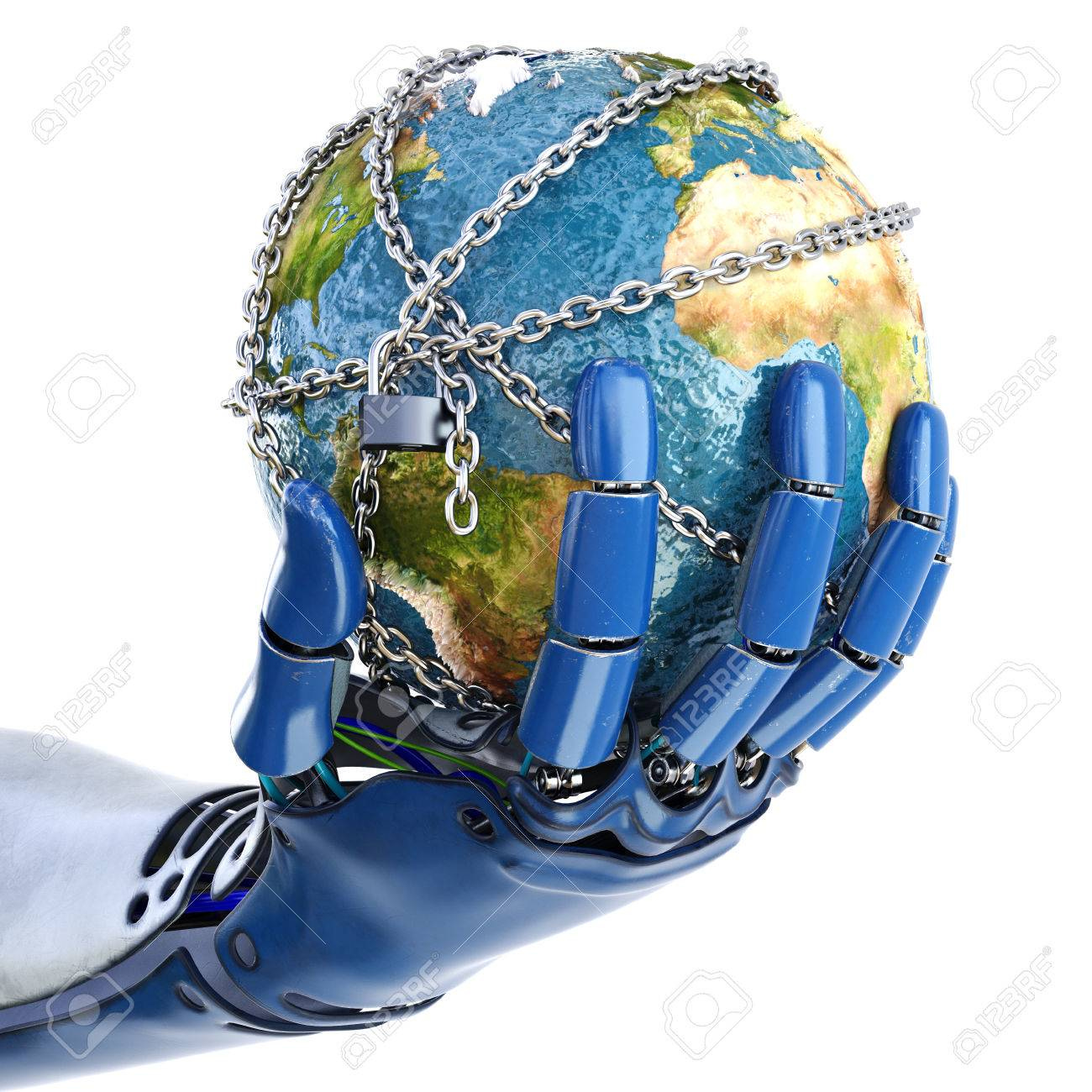 Hand Of Robot Holding The Earth In Chains. Isolated On White Background. 3D  Illustration. Stock Photo, Picture and Royalty Free Image. Image 59325623.