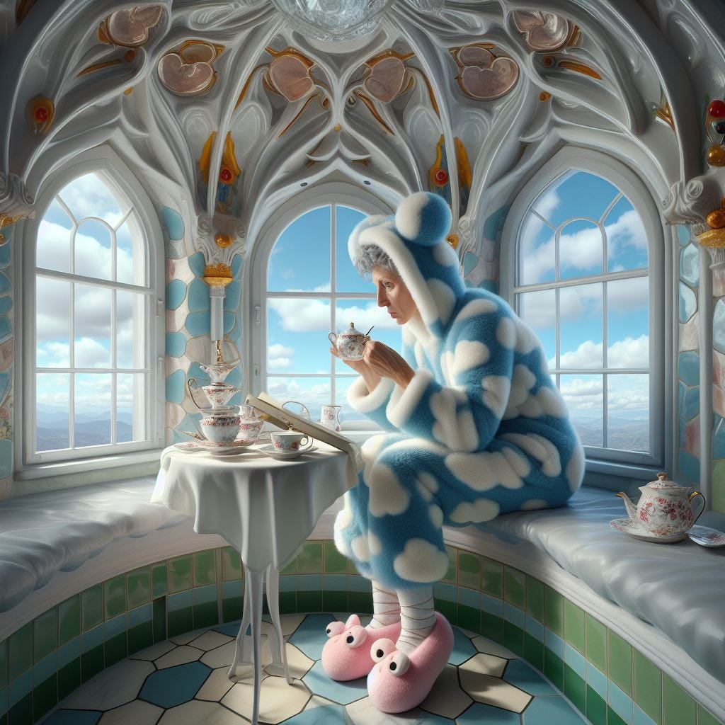 Hyper realistic; close up :middle aged woman in fuzzy, fluffy blue and white cloud print suit with pink ballet slippers. she is reading a book by a window. Fine bone china white with green details, tea set on the table. ivory table cloth with red cherries. with coral Quatrefoil: silver metal Gothic Tracery: Louver gold and opal decorative ceiling tiles. Hundertwasserhaus, Vienna, Austria:  ..Vast distance.  resin sun . No ceiling, radiant 