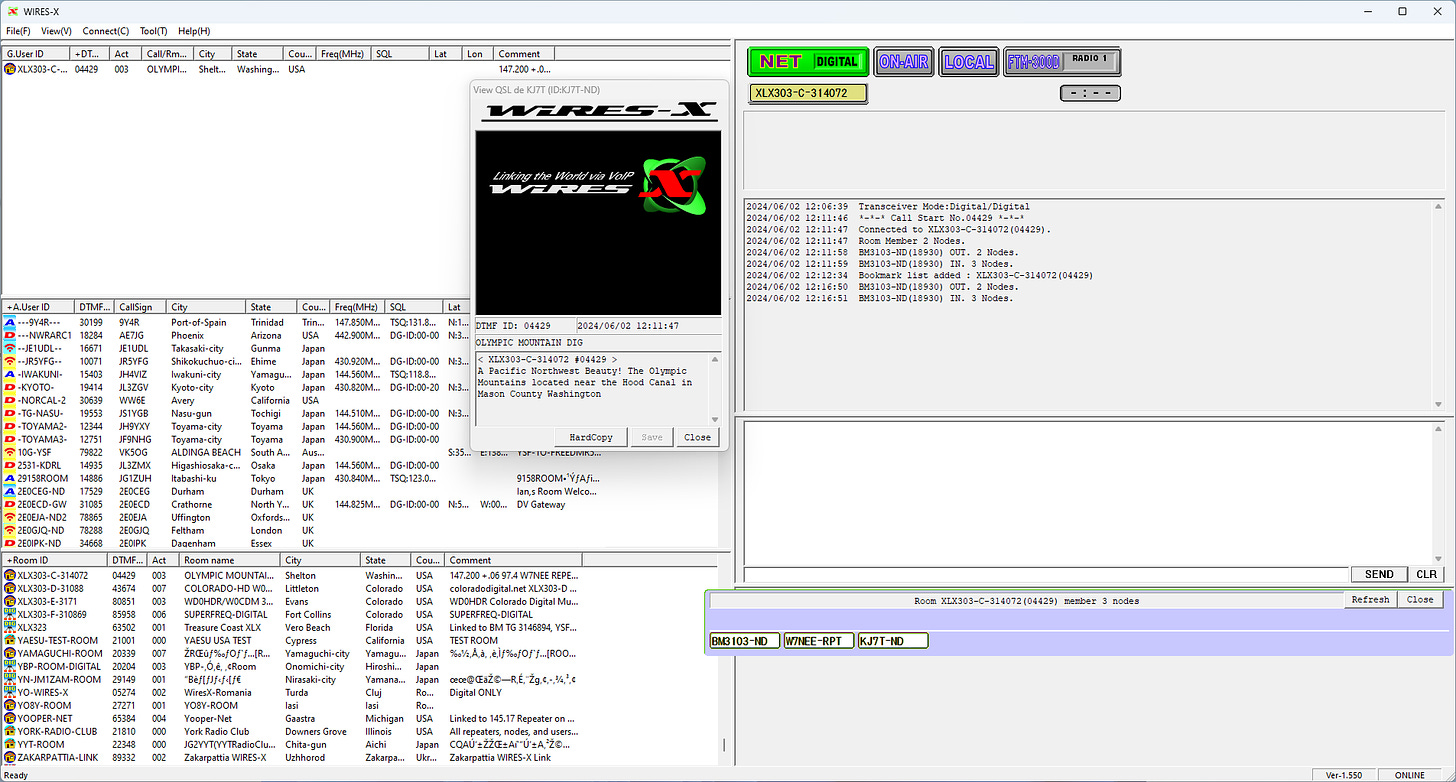 Screenshot of WIRES-X running remotely on the ThinkStation computer