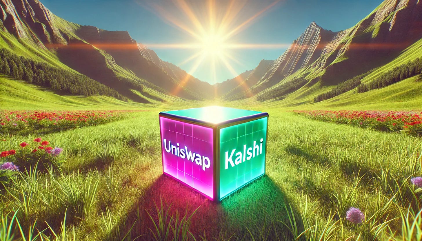 A wide image showing a digital cube placed on the grass in a sunny and bright green mountain clearing. The cube displays 'Uniswap' in pink on one side and 'Kalshi' in green on the other side. The mountains in the background are clear, and the lighting is sunny with vibrant colors. The cube remains the focal point, blending the futuristic theme of crypto trading and prediction markets with the serene, well-lit natural environment.