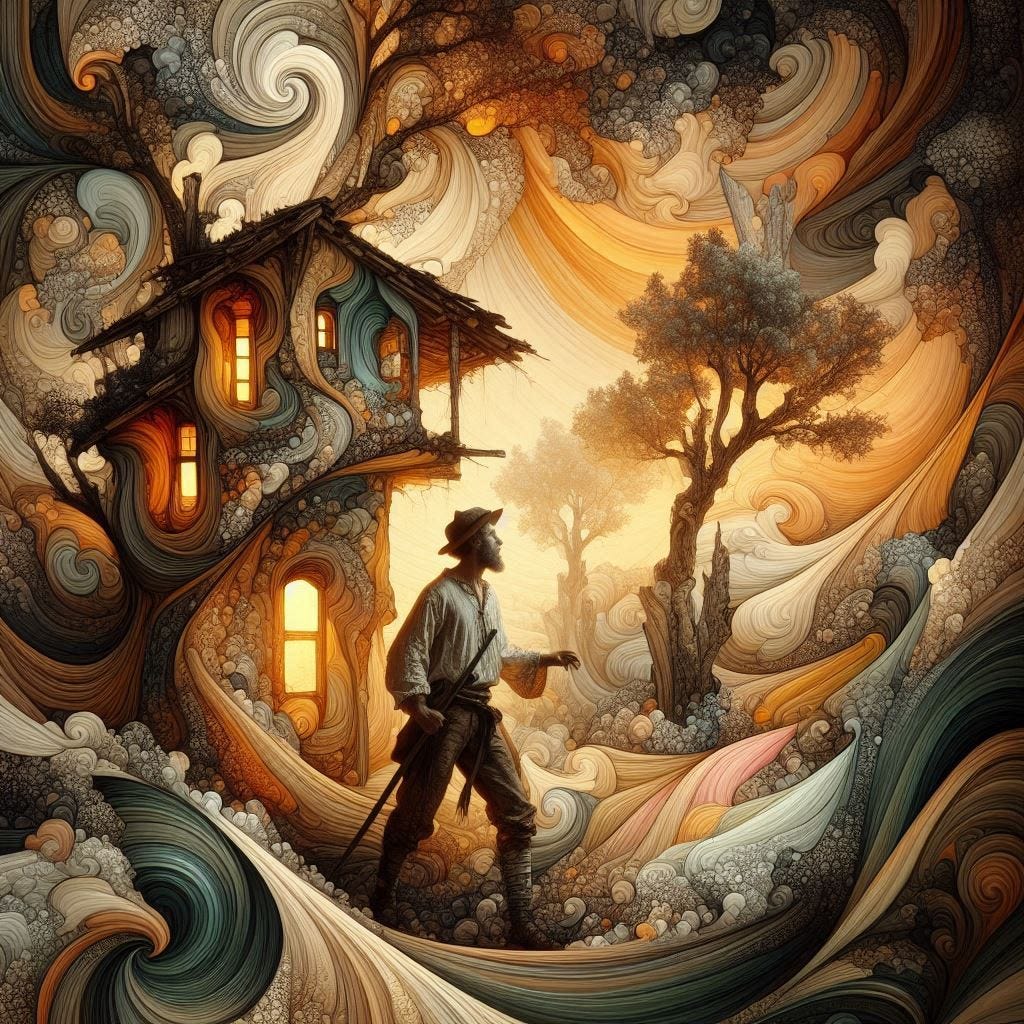 inside piercing air among trees; tiltshift/ 5d angle glass embedded Carla caves / Broken into fragments/ pieces Basque man in traditional garb / leaning toward camera/ his house, glowing,  is a large cloud in the sky / RESIN SUN/ olive,ivory, chartrues, lace made of black water in resin/ love. coral orange, pink, cream, olive address/ reverberating waves/ water in resin verdigris/ In the style of Michael Parkes. black etching/ black linework/ 