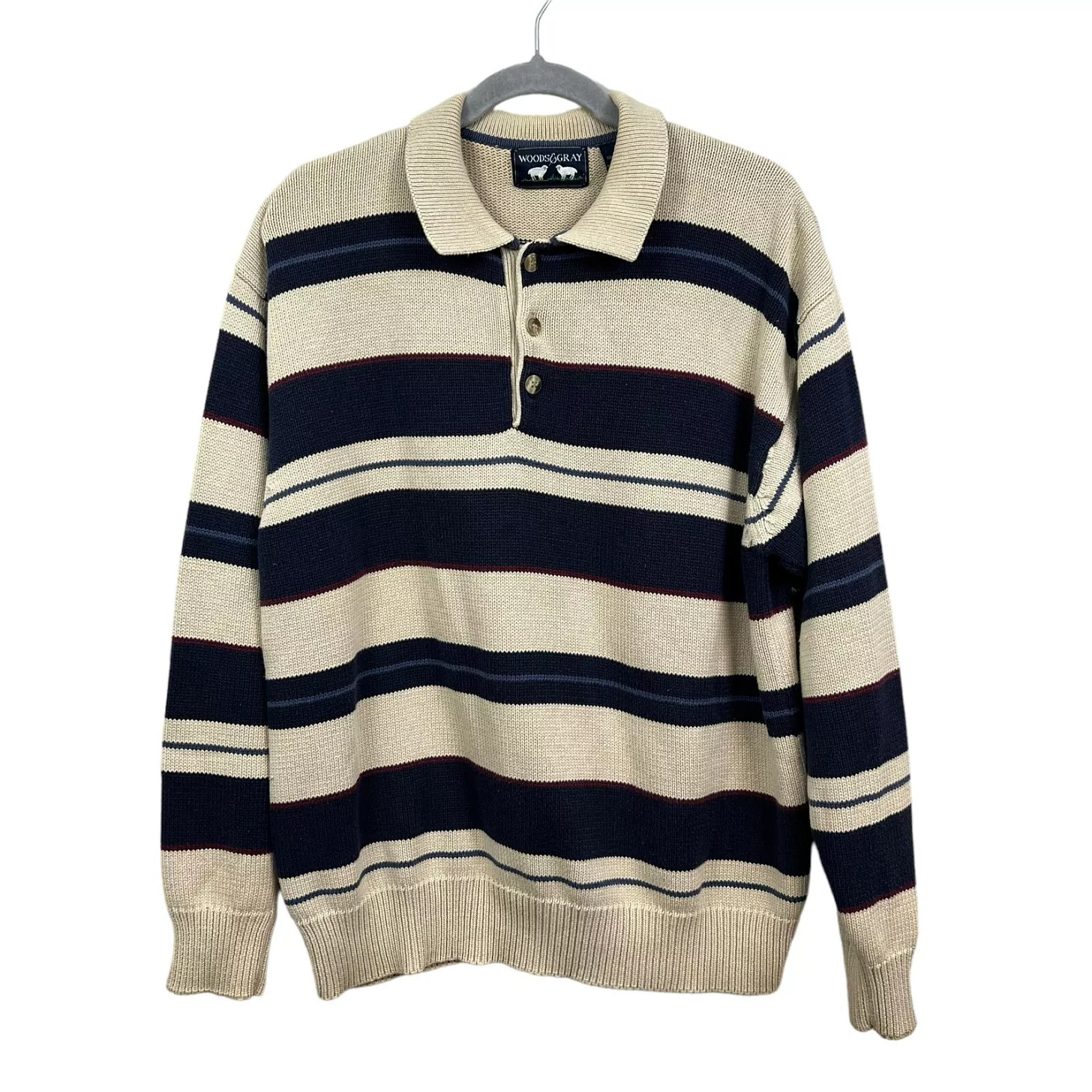 Vintage Woods & Gray Mens Knit Sweater Collared Striped Ribbed Hem Beige Blue M - Picture 1 of 6