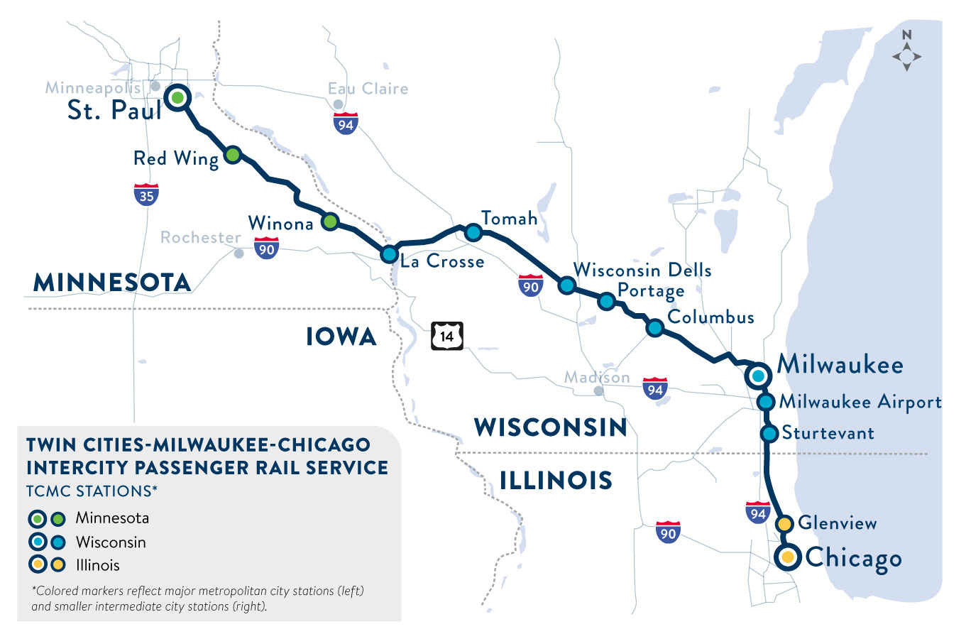 A map showing the route of the Amtrak Borealis service, connecting Chicago, Milwaukee, and the Twin Cities (St. Paul and Minneapolis). Key stops along the route include Glenview, Milwaukee Airport, Milwaukee, Columbus, Portage, Wisconsin Dells, Tomah, La Crosse, Winona, Red Wing, and St. Paul. The route primarily runs through Illinois, Wisconsin, and Minnesota, with markers distinguishing major metropolitan city stations (colored) and smaller intermediate city stations. Interstates I-90 and I-94 are shown, indicating their proximity to the rail corridor.