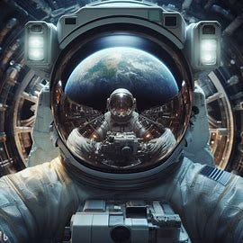 astronaut POV hyperdetailed, world reflected on helmet, astronaut in space. Image 4 of 4