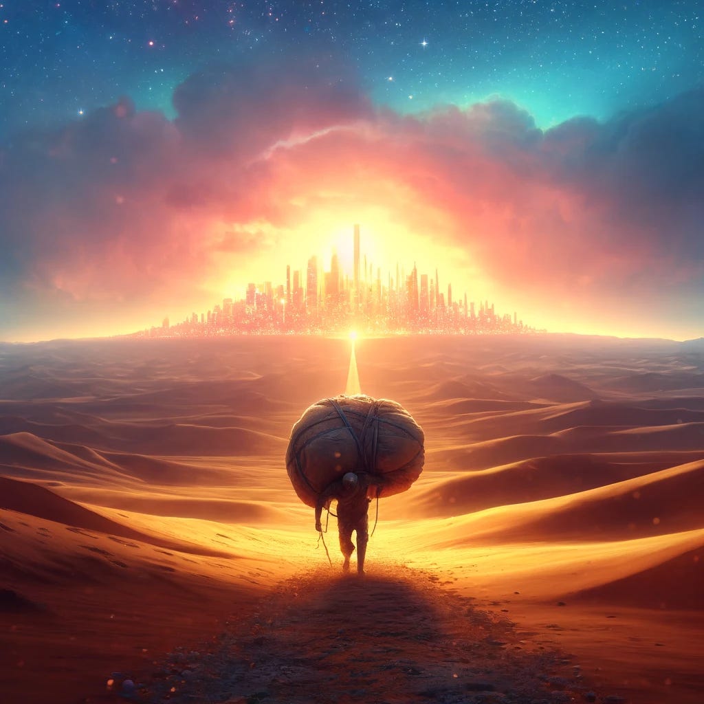 A surreal image that embodies the concept of perseverance and success despite mediocre ability. The scene features a vast, open desert with a single, determined figure walking towards a distant, shining city on the horizon. The city glows with a light that seems almost magical, symbolizing success. The figure is carrying a large, unwieldy object on their back, representing the burden of their journey and the hard work required. Despite the object's weight and the challenging desert environment, the figure's posture is one of unwavering determination and resilience. The sky above is a vibrant mix of colors, suggesting both the passage of time and the blend of hardships and triumphs along the path to success. This image captures the essence of achieving greatness through persistence, highlighting the journey over the innate talent.