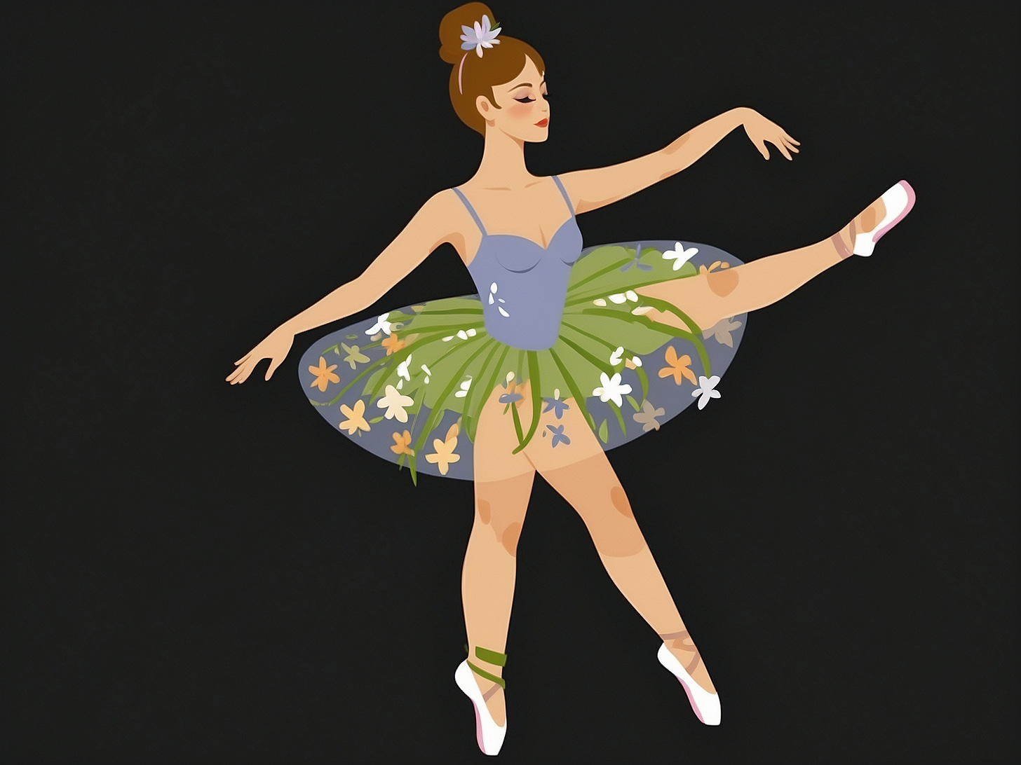 Elegant springtime ballerina with a floral tutu, flat design