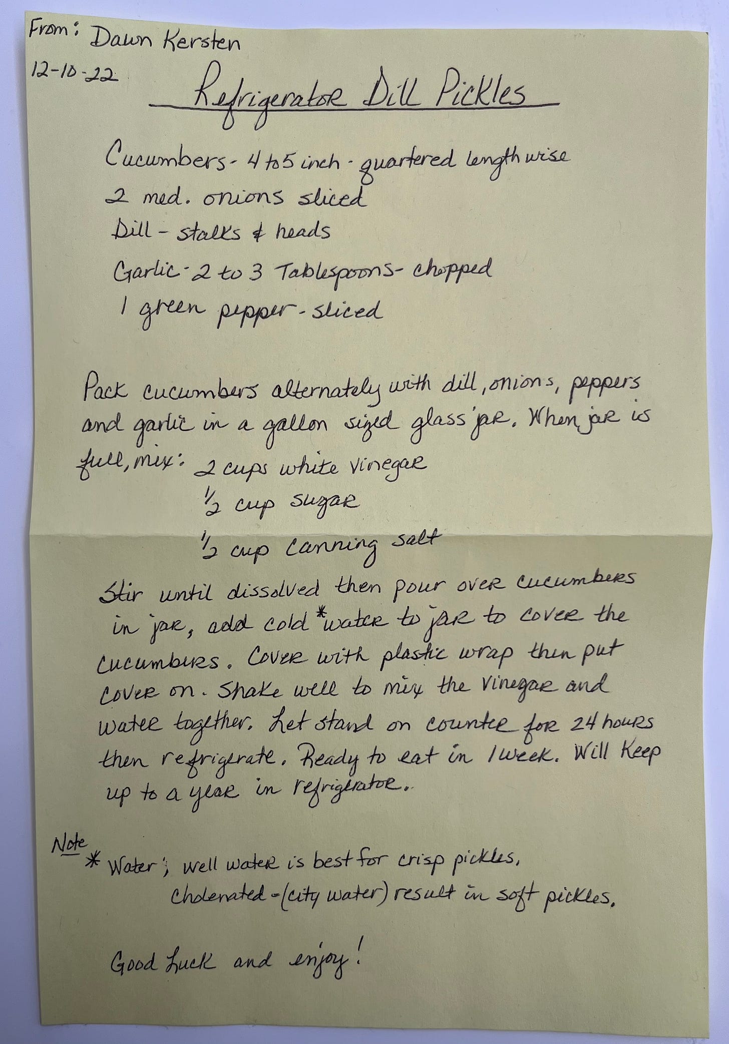 handwritten refrigerator pickle recipe