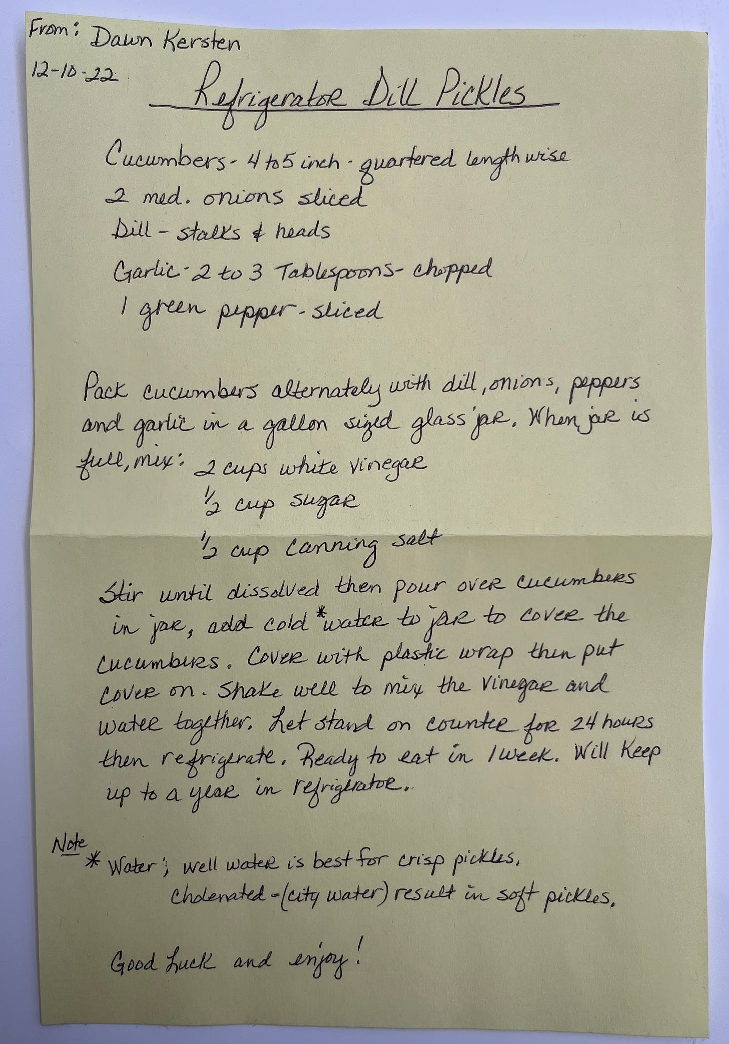 handwritten refrigerator pickle recipe