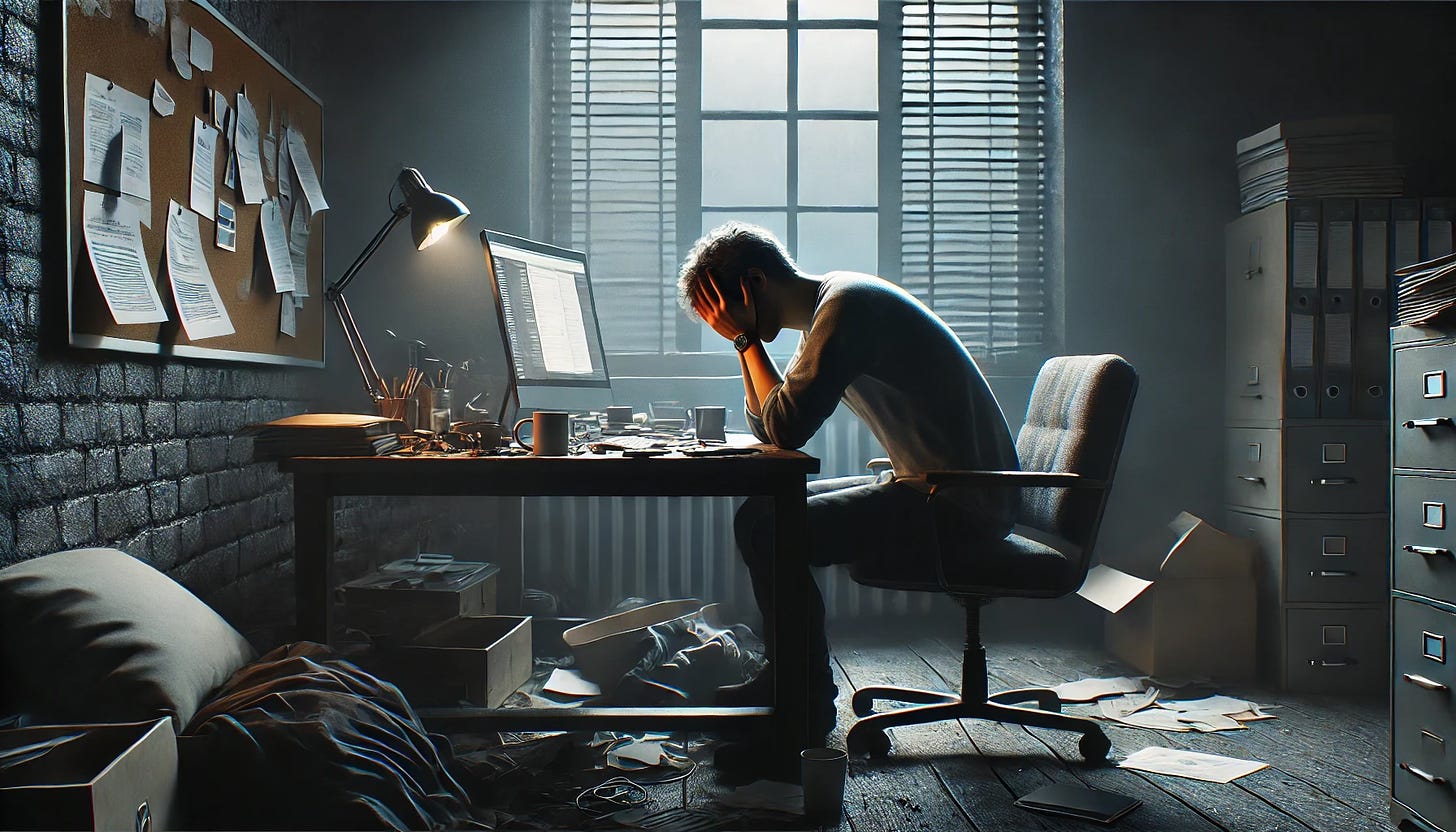 A highly realistic, photo-style depiction of burnout, anxiety, and depression in a wide aspect ratio. Show a person sitting at a desk in a dark, dimly lit room.