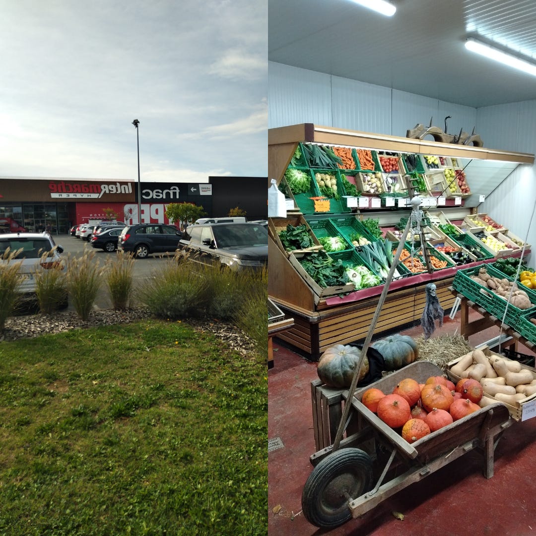 A supermarket on the left. An independent shop on the right