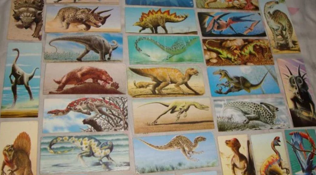 foto de vários cartões com imagens de dinossauros