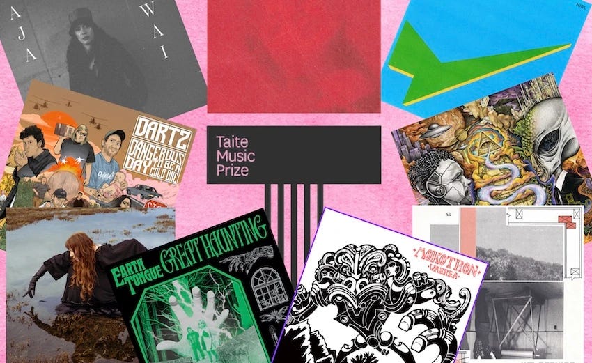 assorted album covers on a pink background with the taite music prize logo in the middle