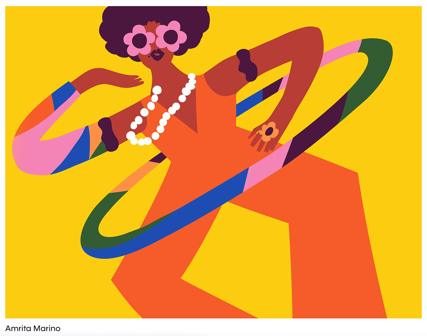 Illustration by Amrita Marino of a Black woman hula hooping in a jumpsuit while wearing chic/funky glasses.