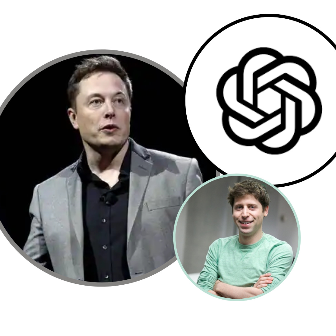 Foto de Elon Musk, logo de OpenAI, foto de Sam Altman, CEO de OpenAI.