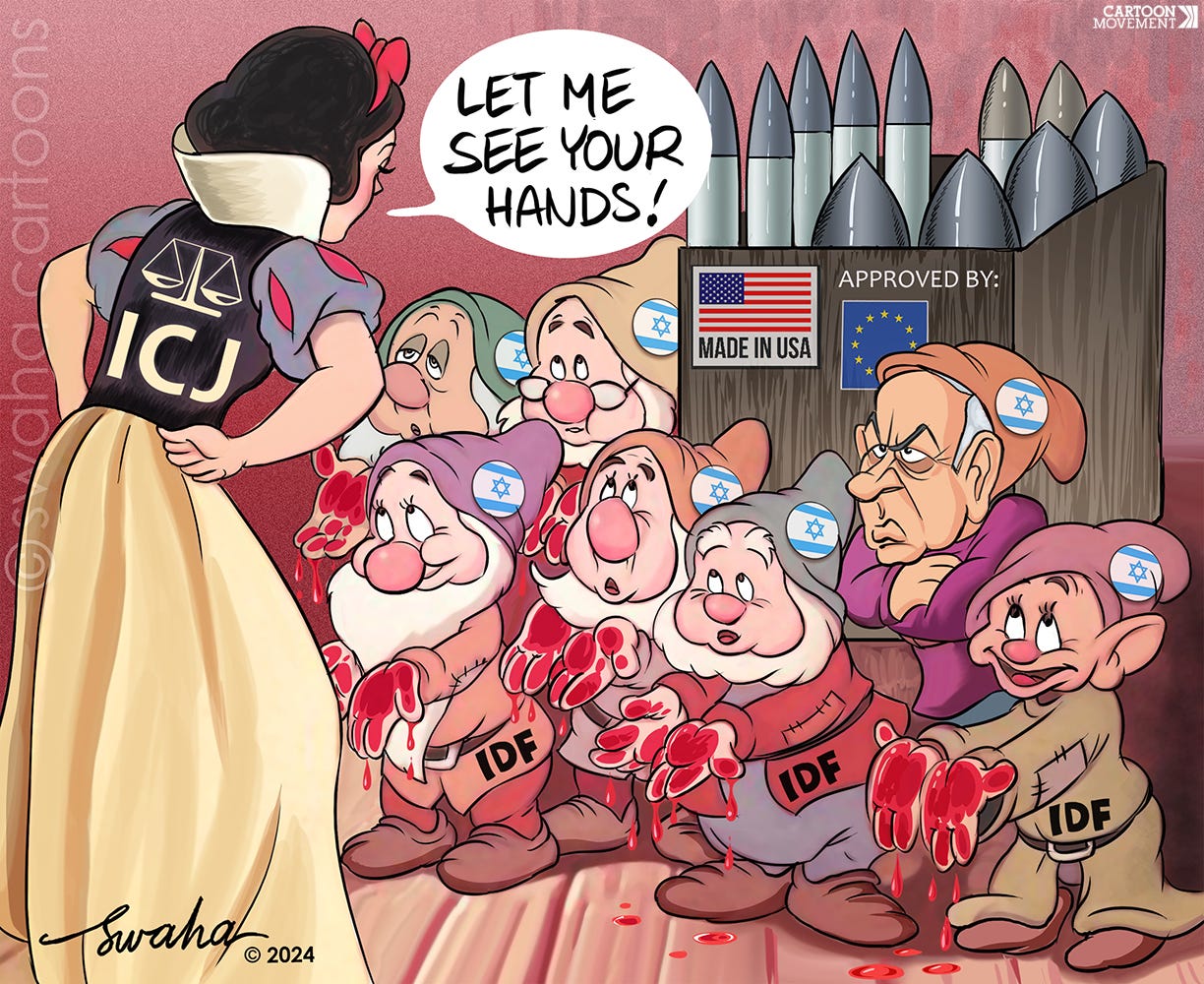 Cartoon showing Snow White standing in front of the seven dwarfs saying: 'Let me see your hands!' On the back of her dress is the ICJ logo. The dwarfs show their hands, which are covered in blood. One dwarf, with the face of Netanyahu, stubbornly refuses to show his hands.