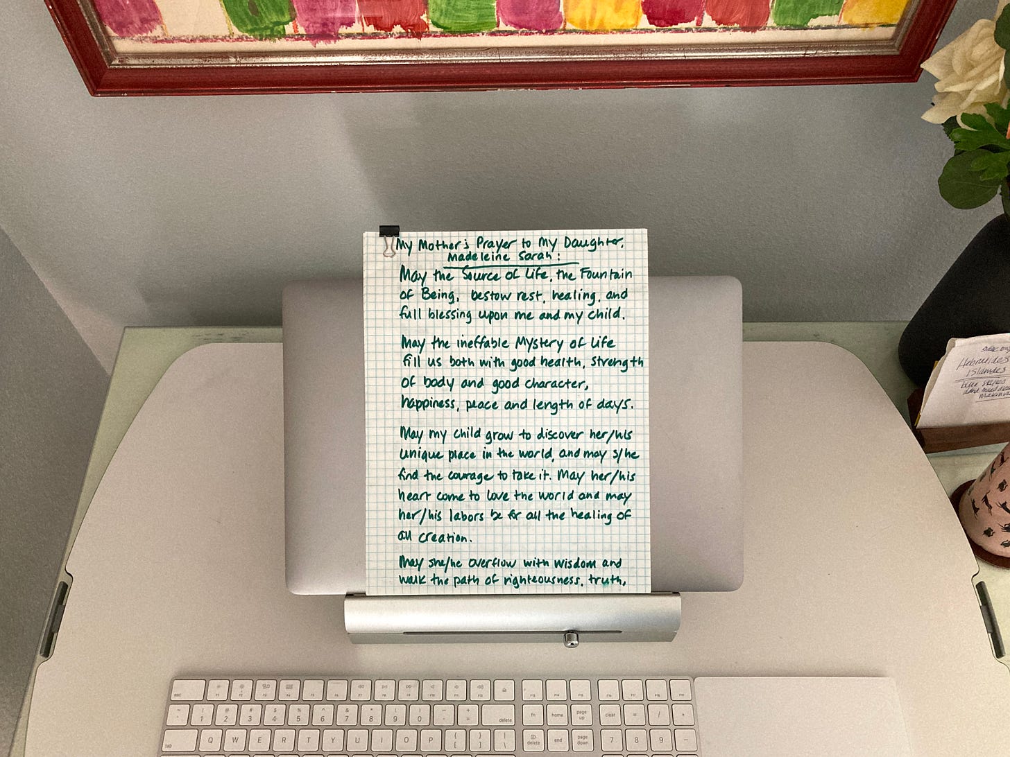 A photo of my writing desk, and the prayer my mother passed along