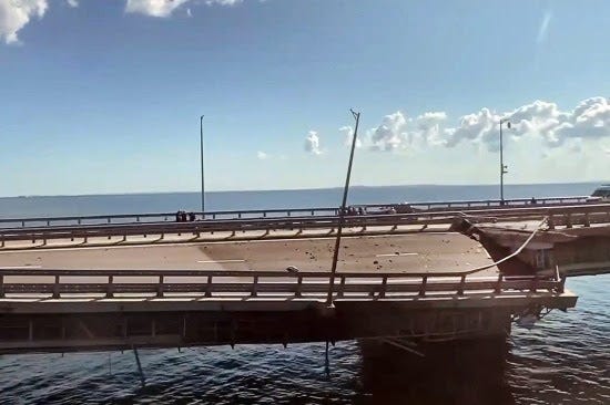 The damaged Crimean Bridge is seen.