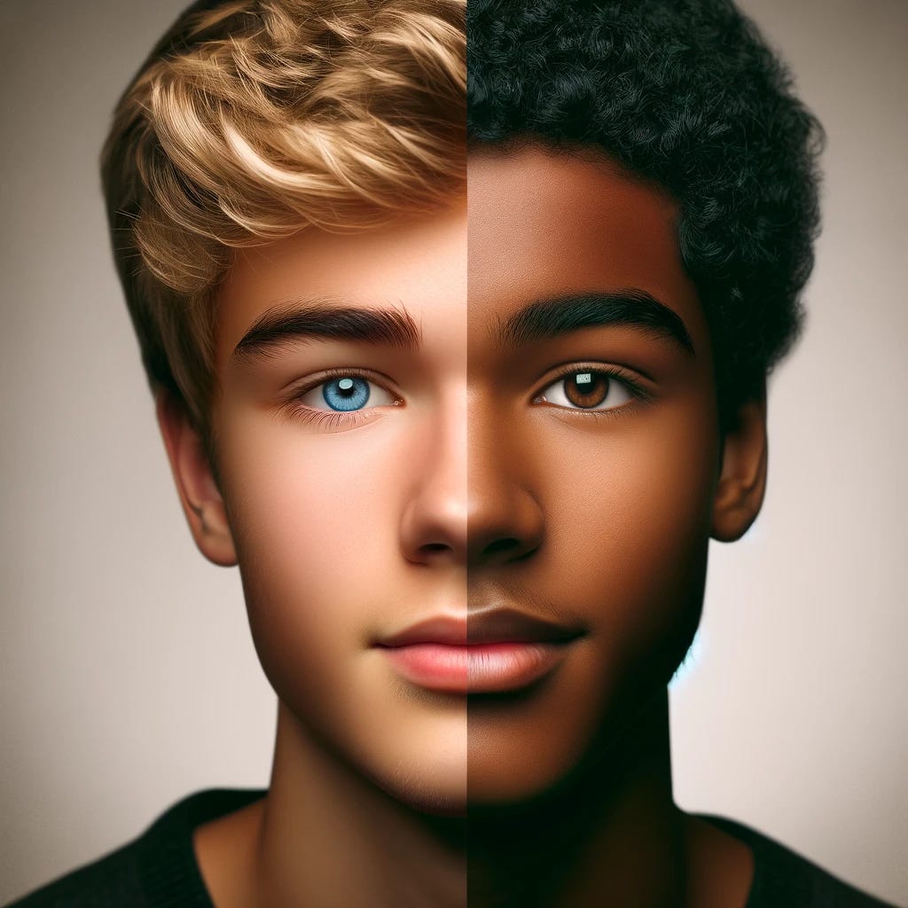 A digitally-created portrait of a teenage boy, split down the middle. One side of his face is Caucasian, with lighter skin, blue eyes, and blond hair. The other side is Black, with darker skin, brown eyes, and black curly hair. The expression on his face is thoughtful and neutral, and he is looking directly at the viewer. The background is plain and unobtrusive, focusing the attention on the subject's face. This image is meant to symbolize the concept of mixed heritage and racial identity.