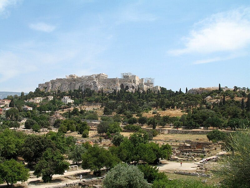 View of the Agora from the foothills of the Acropolis (Αγόρα και Ακρόπολη).jpg