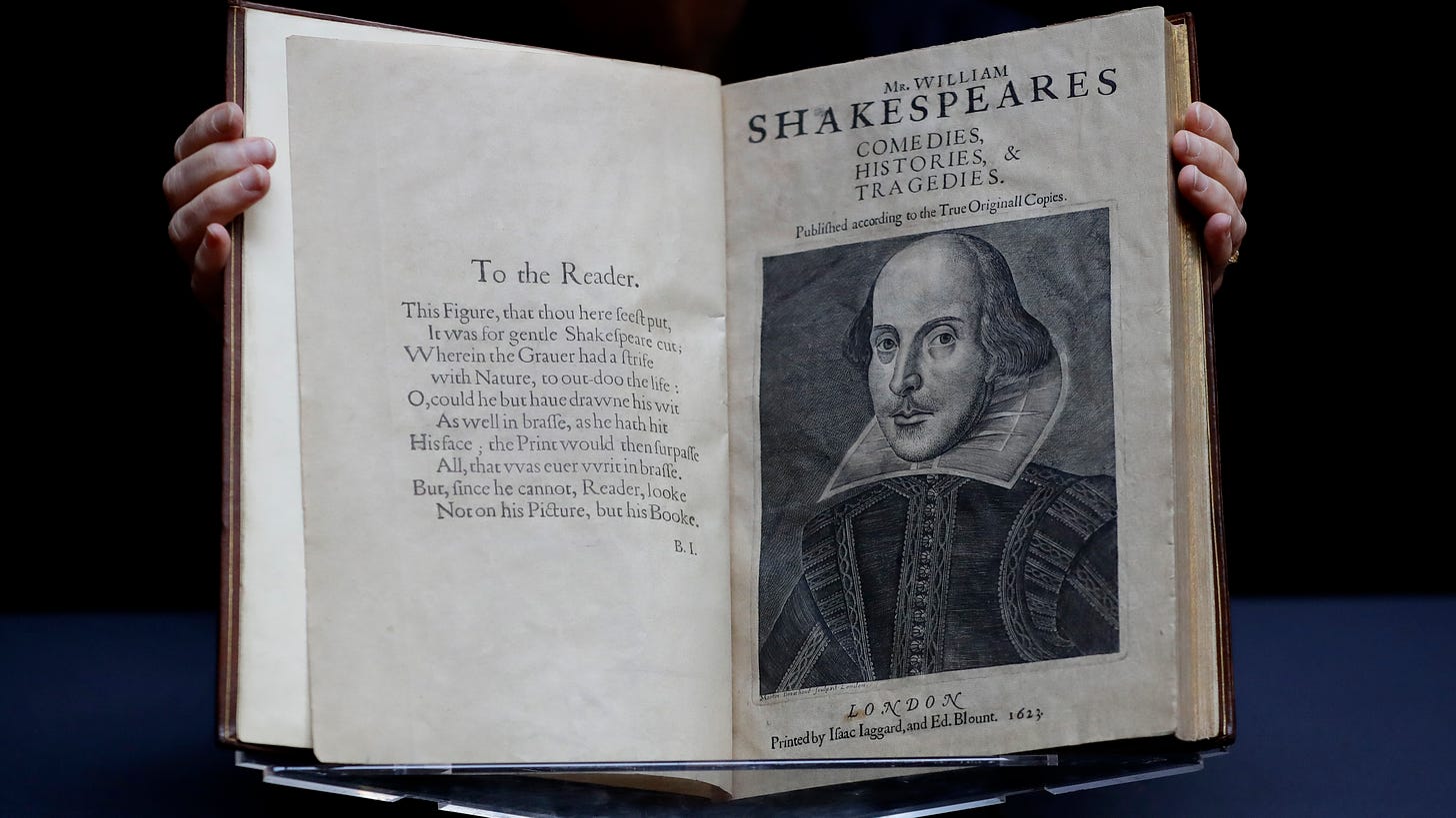 A copy of Shakepeare's First Folio, sold by Christie's for $10 million in 2020, underscores the sheer size of the book.
